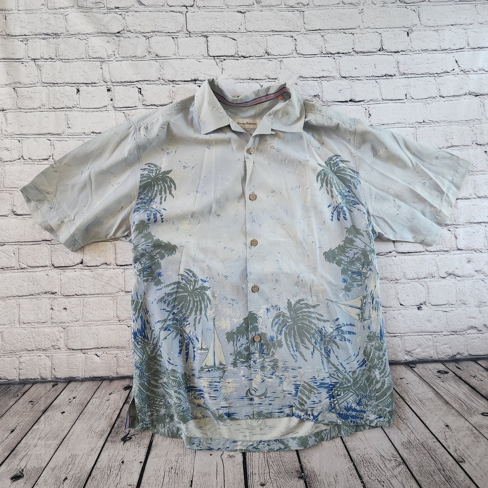 Tommy Bahama Mens Blue Silk Tropical Palm Tree Sailboat Shirt Original Fit XL